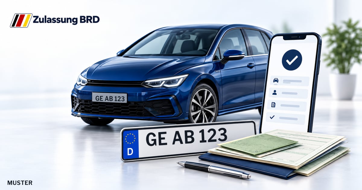 Online Fahrzeugzulassung in Gelsenkirchen: Musterkennzeichen GE AB 123, Auto und Fahrzeugpapiere und Smartphone. Illustration mit Logo von Zulassung BRD.